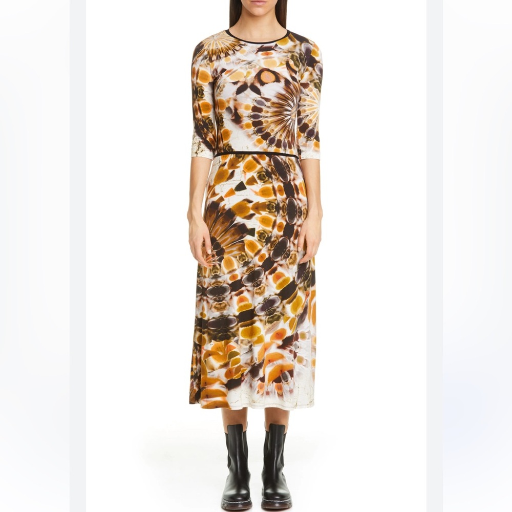 Abstract Swirl Midi Dress in Brown & Cream